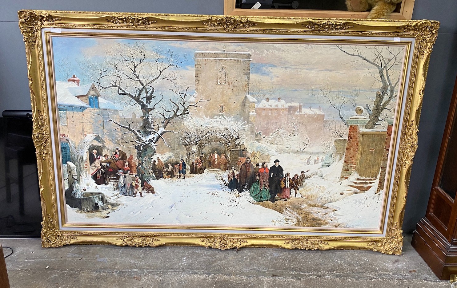 A large Victorian style oil on canvas depicting a church gathering, gilt framed, canvas width 176cm, height 101cm